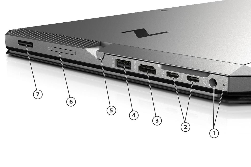 Overview Right 1. Power connector with LED 5. Integrated Kickstand 2. (2) Thunderbolt 3 Ports 6. SD Card slot 3.