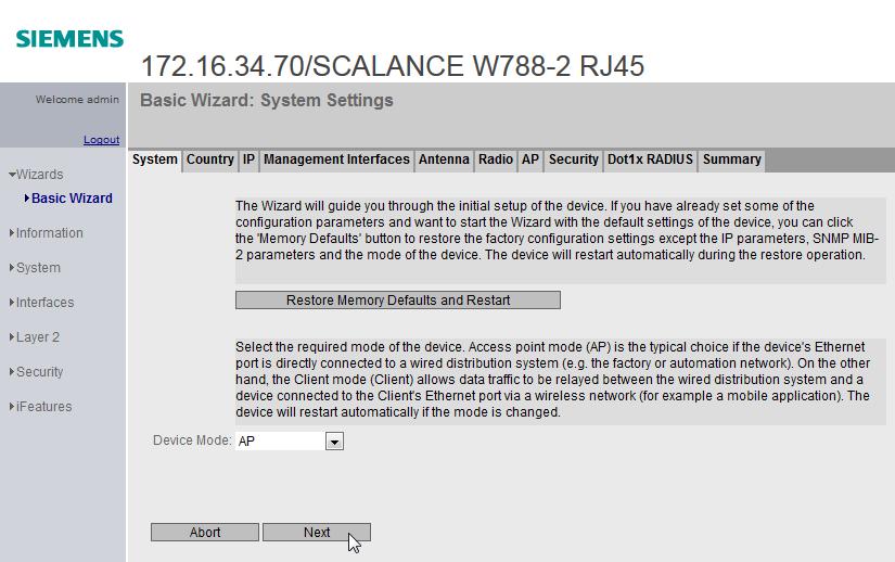 configuration of the SCALANCE W788-2 RJ45. Call the Basic Wizard (1). 1 4.