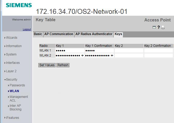 Siemens AG 2016 All rights reserved 5.3 SCALANCE W788-2 RJ45 configuration 15. Security: - WLAN Setting encryption Select the Security > WLAN option via the menu tree. Select the Keys tab.