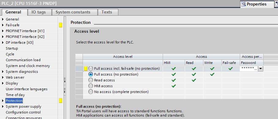 (Link). 1 5. - Protection (protection levels) This is where you can specify different protection levels. In this example application Full access (no protection) was selected.
