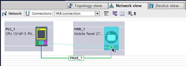 In this example: mobile277fiwlan Note The name you assign here has to match the one that is entered on the mobile panel in PROFINET (Link). 1 2 3 4. Creating HMI connection Go to the network view (1).