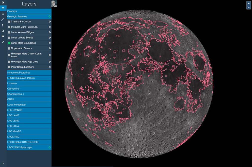 4. NEW DATA LAYERS Lunar Mare Boundaries 1. Show Lunar Mare Boundaries Go to Layers, Overlays, Geologic Features, and select Lunar Mare Boundaries.