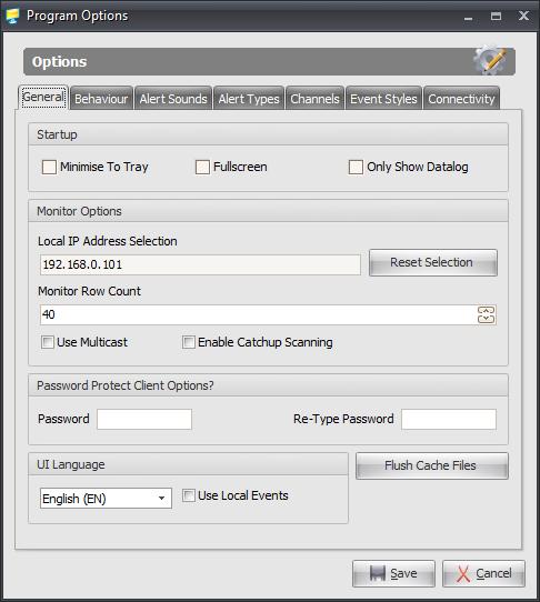 Program Options - General The system behaviour is configured via the Options button on the main screen.