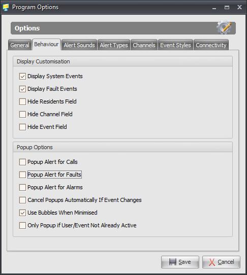 Program Options - Behaviour The Behaviour tab controls the way in which the software displays incoming events.