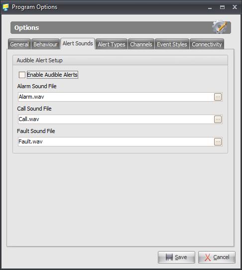 Program Options Alert Sounds The Alert Sounds tab controls the sound samples which are played by the application when specific popups or events are received from the system.