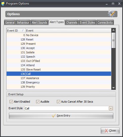 Program Options Alert Types The Alert Types tab controls which events, play which sound sample, or are configured to automatically cancel after 30 seconds.