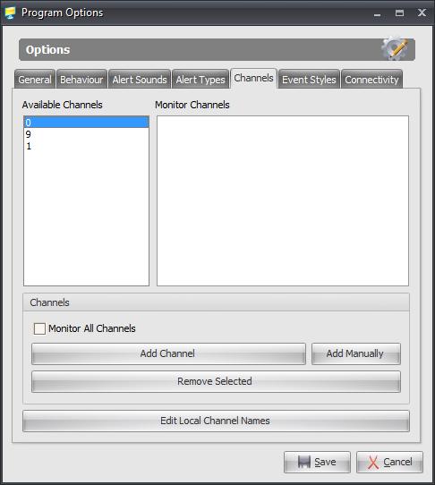 Program Options - Channels Each System (ie Power Supply or Interface) is set to a unique Channel Number on the LAN (Local Area Network) The CMS IP application is set by default to see events from all