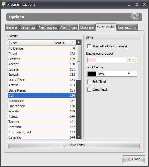 Program Options Event Styles Use the Event Styles tab to configure how each event received from the system is displayed on the main screen.