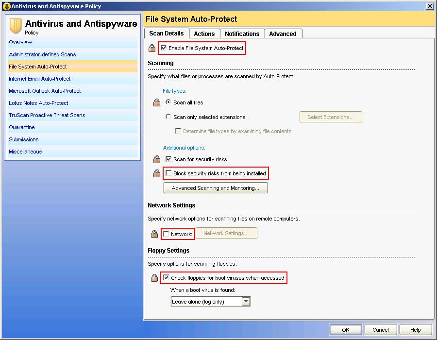 2.5.1 File System Auto-Protect This option was known as "Client Auto-Protect" in ealier versions of Symantec antivirus software. 2.5.2 File System File System Auto-Protect settings in the "Scan