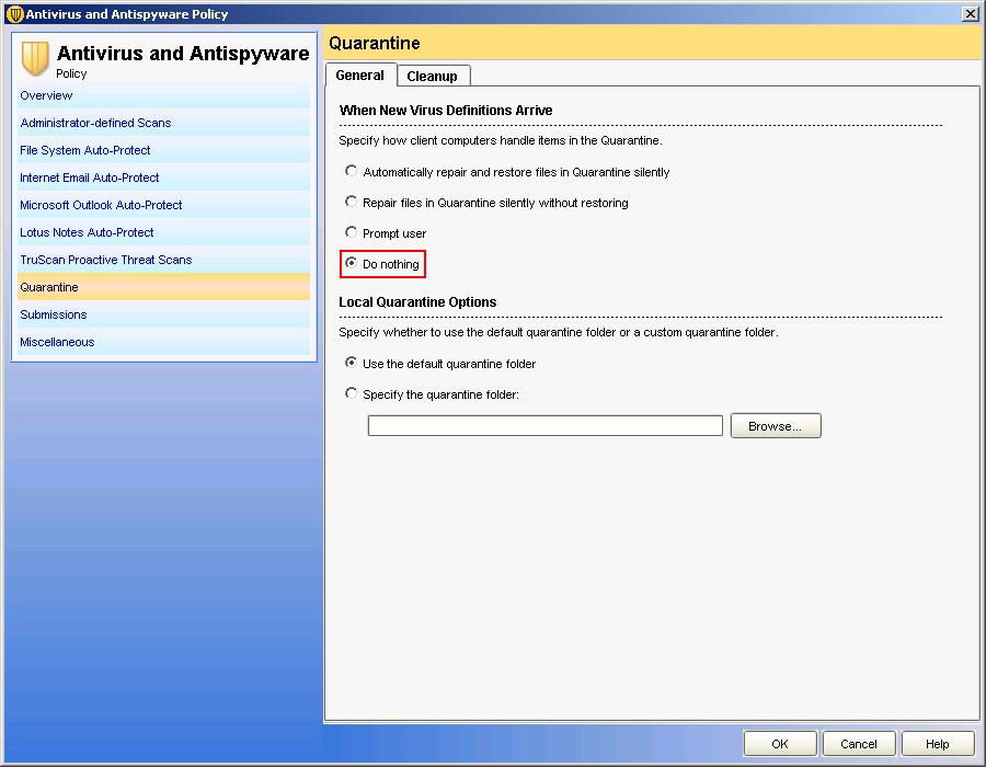 2.5.5 Quarantine settings Quarantine settings in the "General" dialog box Menu Policies > Antivirus and Antispyware