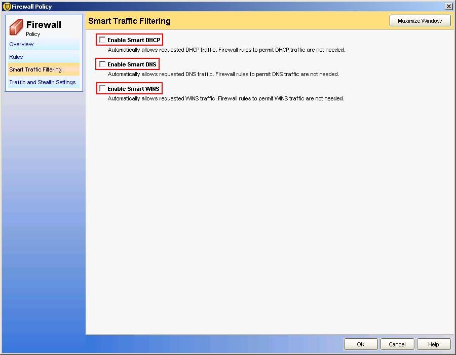 2.7 Endpoint Console Firewall Settings Menu Policies > Firewall Policy> "Smart Traffic Filtering" tab "Enable Smart DHCP" check box: