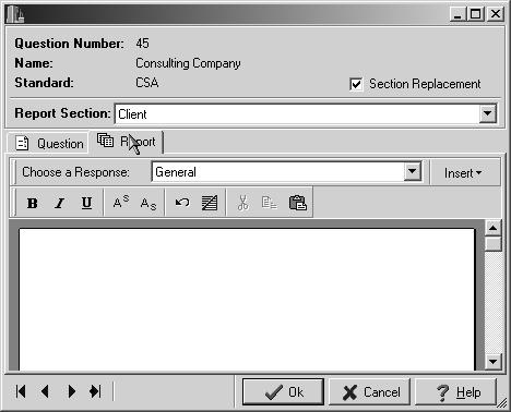Section Name Example: Edit Questionnaire The Insert button allows for the insertion of text that was entered when the question was answered on the Pocket PC.