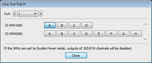 Line Out Patch dialog box Chapter 4. System screen Line Out Patch dialog box Here you can specify the output destination device and channel for analog signal output from the MTX unit.
