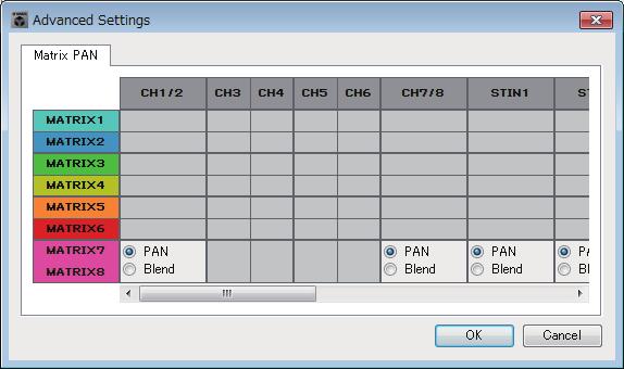 MTX Configuration dialog box Chapter 7. Dialog boxes Advanced Settings dialog box Here you can specify the matrix pan mode (PAN or Blend).
