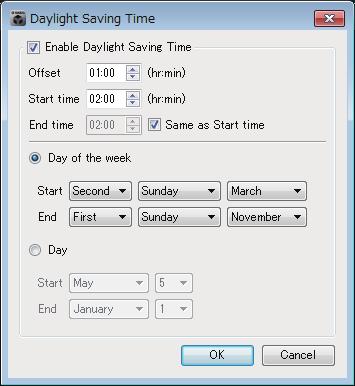 Daylight Saving Time dialog box Chapter 7. Dialog boxes Daylight Saving Time dialog box Here you can specify the Daylight Saving Time setting.