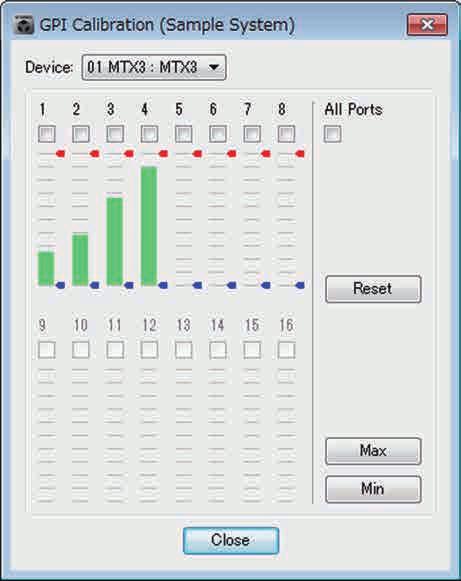 GPI Calibration dialog box Chapter 7. Dialog boxes GPI Calibration dialog box Here you can calibrate the input voltage detection range for the [GPI] connector of the MTX unit.