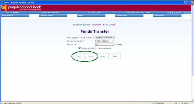 4.3 Funds transfer Select Funds Transfer from dropdown on Account Summary Screen and click Submit.