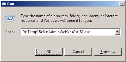 3.6 Ensure all users are disconnected from the system, including workstations, Web, VRU, and STP agents. 3.7 Click Start, then Run and type D:\Temp\ReliusAdminWebVruCsr181.