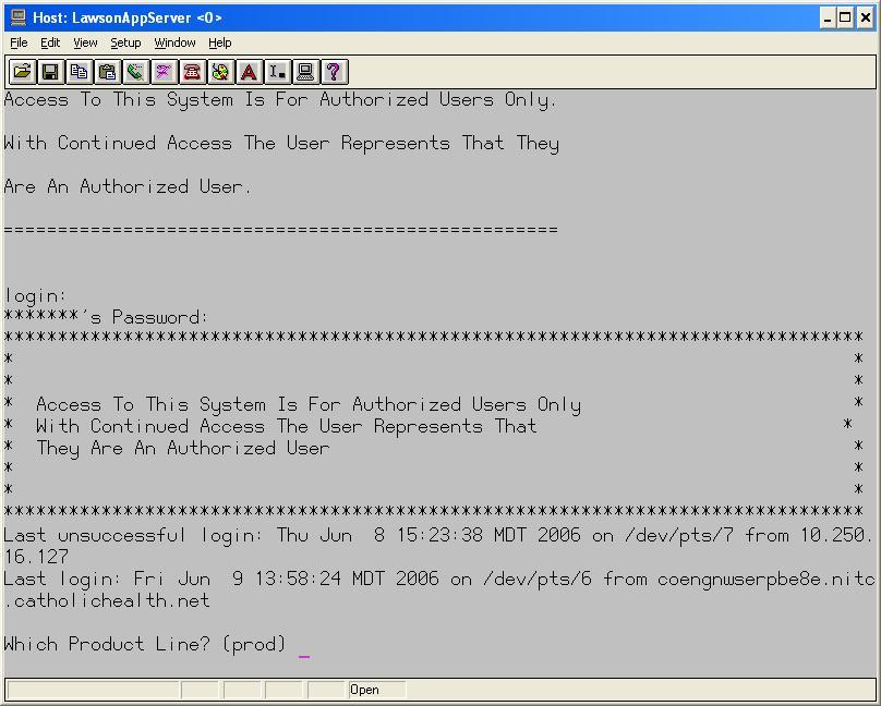 The server Host screen displays. 5 At the login: prompt, type lawop01 and press Enter.