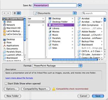 3. On the Format pop-up menu, click PowerPoint Package (Figure 3). Figure 3: PowerPoint Package Format on Mac 4.