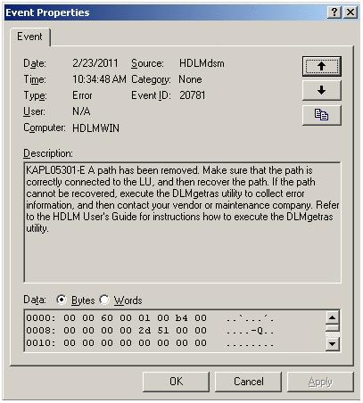 Figure 4-3 An example display of the KAPL05301-E message In the event viewer, deleted path information is displayed in the following format: PathID PathName DskName ilu ChaPort.