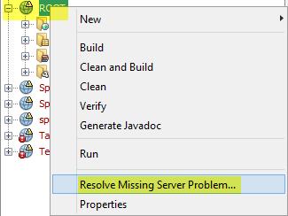 Select Properties to assign a new server or change servers and select Resolve Missing Server Problem if a previously existing server