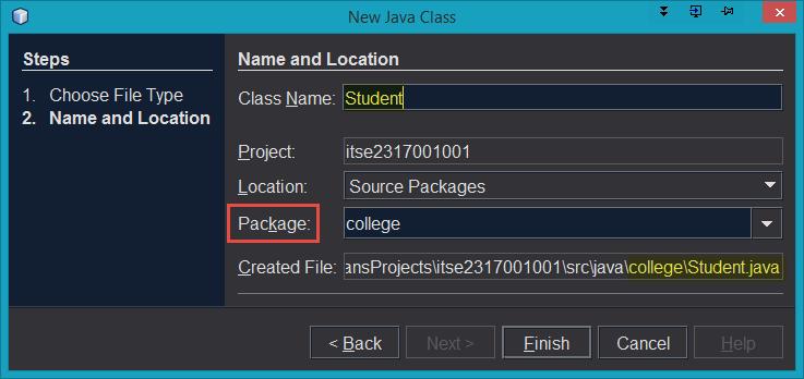 After the package is created, you can add a Java class file to the package by R- clicking the package name and