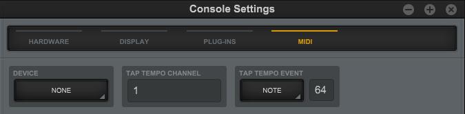 MIDI Panel Console supports the ability to use MIDI to remotely set the tempo used for the Tempo Sync feature. The MIDI panel is where the specific MIDI controls are set.
