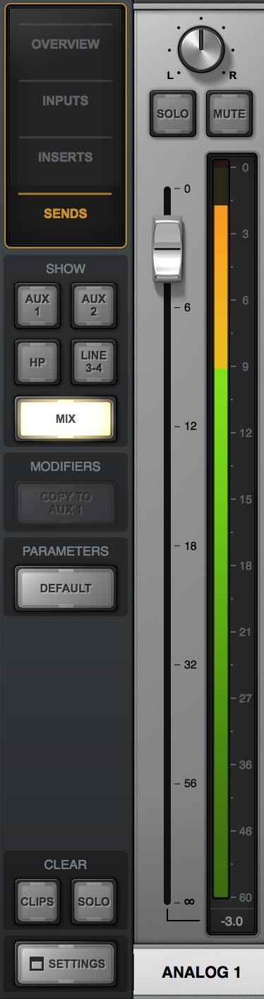 If the SHOW MONITOR switch is disengaged, only the send s mix controls are visible, offering maximum send fader resolution (center screenshot).