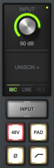 Unison Controls Some preamp hardware controls (Gain, Low Cut, 48V, Pad, Polarity) are Unison parameters that interact with Unison plug-ins placed