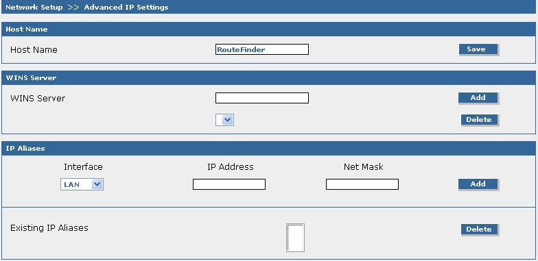 Chapter 5 Using the RouteFinder's Web Management Software Network Setup > Advanced IP Settings Network Setup > Advanced IP Settings Specify the Host Name, the External Server for the system and the