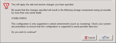 d. To continue to save the blade storage group assignment, click OK. The Sun Blade Zone Manager highlights the shared storage resources in pink.