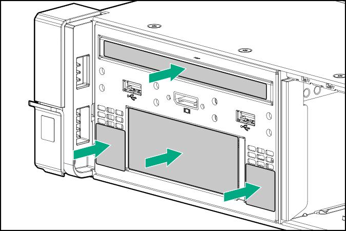 If the 2SFF drive cage is not installed, then install airflow labels as shown. If a 2SFF drive cage is installed, then install the airflow labels as shown.