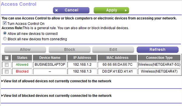 If you blocked all new devices from connecting, to allow the computer or device that you are currently using to continue to access the network, select the check box next to your computer or device in