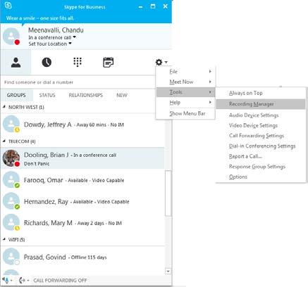 To access the Skype for Business Recording Manager at any time: Click the arrow next to the Options button.