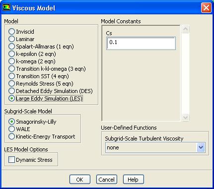 Step 2: Models (continued) 2. Select the LES turbulence model The LES turbulence model is not available by default for 2D calculations.