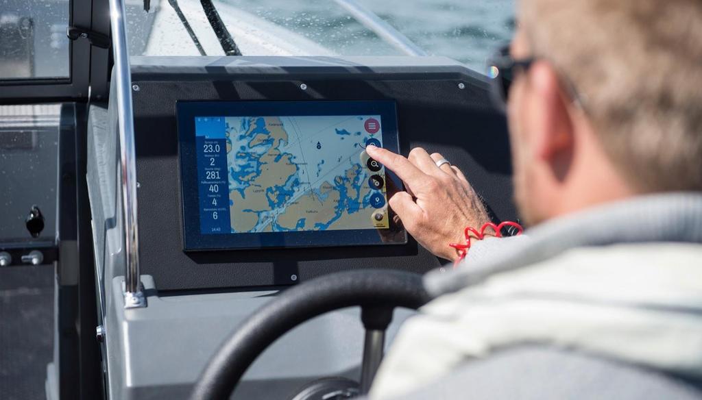 Buster Boats makes the smart touchscreen a standard feature The large touch screen incorporates electronic charts, an on- board computer and an entertainment system into the motorboat as part of the