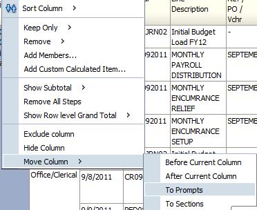 Prompts You can create a prompt dropdown box within your analysis, by going in Edit mode dragging and dropping data elements into the Prompts section. 1.