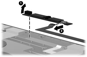 Place the panel enclosure flat on the table with the webcam furthest away from you. b. Loosen the webcam (1) up by pulling on it to break the adhesive bond and pull up. c.