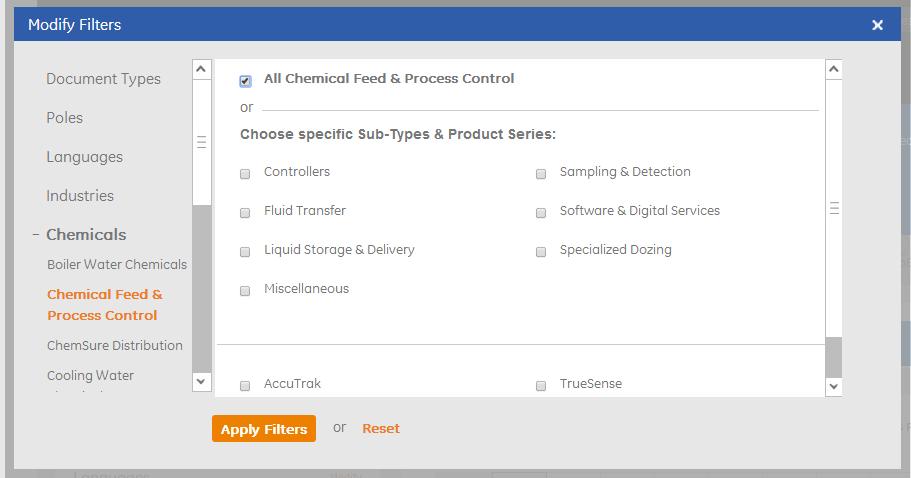 Filters When choosing a category under Chemicals, Equipment or Services, you can either tick off All XXX which will filter down to all documents tagged to that category, or you can choose a sub-type