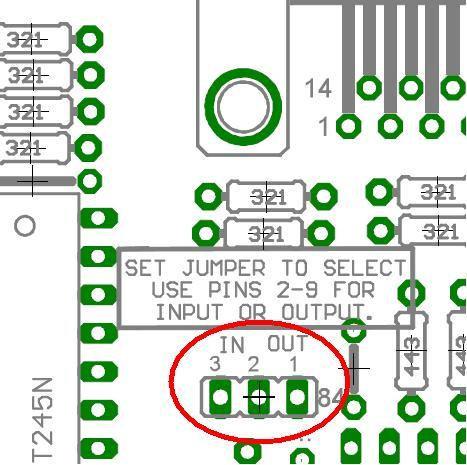 4.1.2 Using the Pins 2-9 direction jumper. There is a jumper (X6) to select the pins 2-9 direction. 1-2: OUTPUTS 2-3: INPUTS 4.1.3 Enable pin.