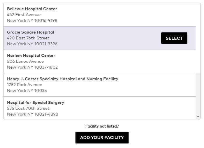The search will return a list of facilities, if your facility is listed here, you can select it.