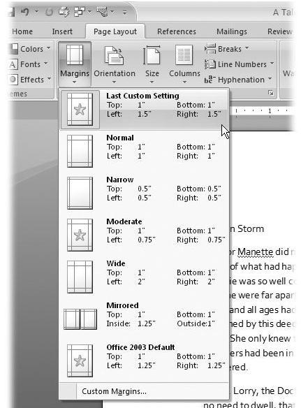 Selecting Preset Margins Word's Margins menu (Page Layout Page Setup Margins) gives you a way to quickly apply standard margins to your pages.