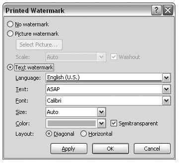 2. At the bottom of the menu, click Custom Watermarks to open the Printed Watermark dialog box (Figure 7).