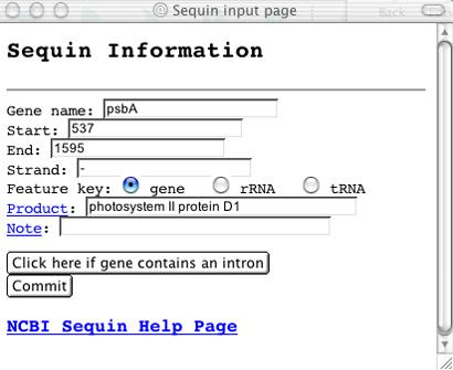 Figure 5: The Sequin Window pops up when you click on a gene in the Number Line Panel. Selecting stop and start codons in the Blast Hit Panel updates the values in the Sequin Window.