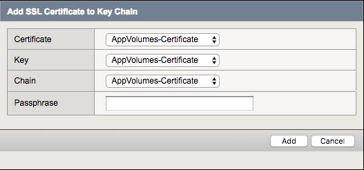 The Add SSL Certificate to Key Chain dialog box opens. 5. From the Certificate list, select the certificate with the FQDN that you uploaded to the BIG-IP as specified in the prerequisites. 6.
