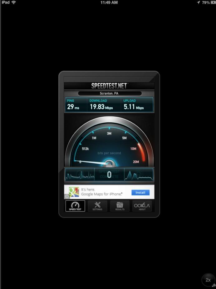 Speedtest and Screenshot to troubleshoot internet speeds There is an good speed test app on the app store from speedtest.net. it is an iphone app that can be used on the ipad. It looks like this.
