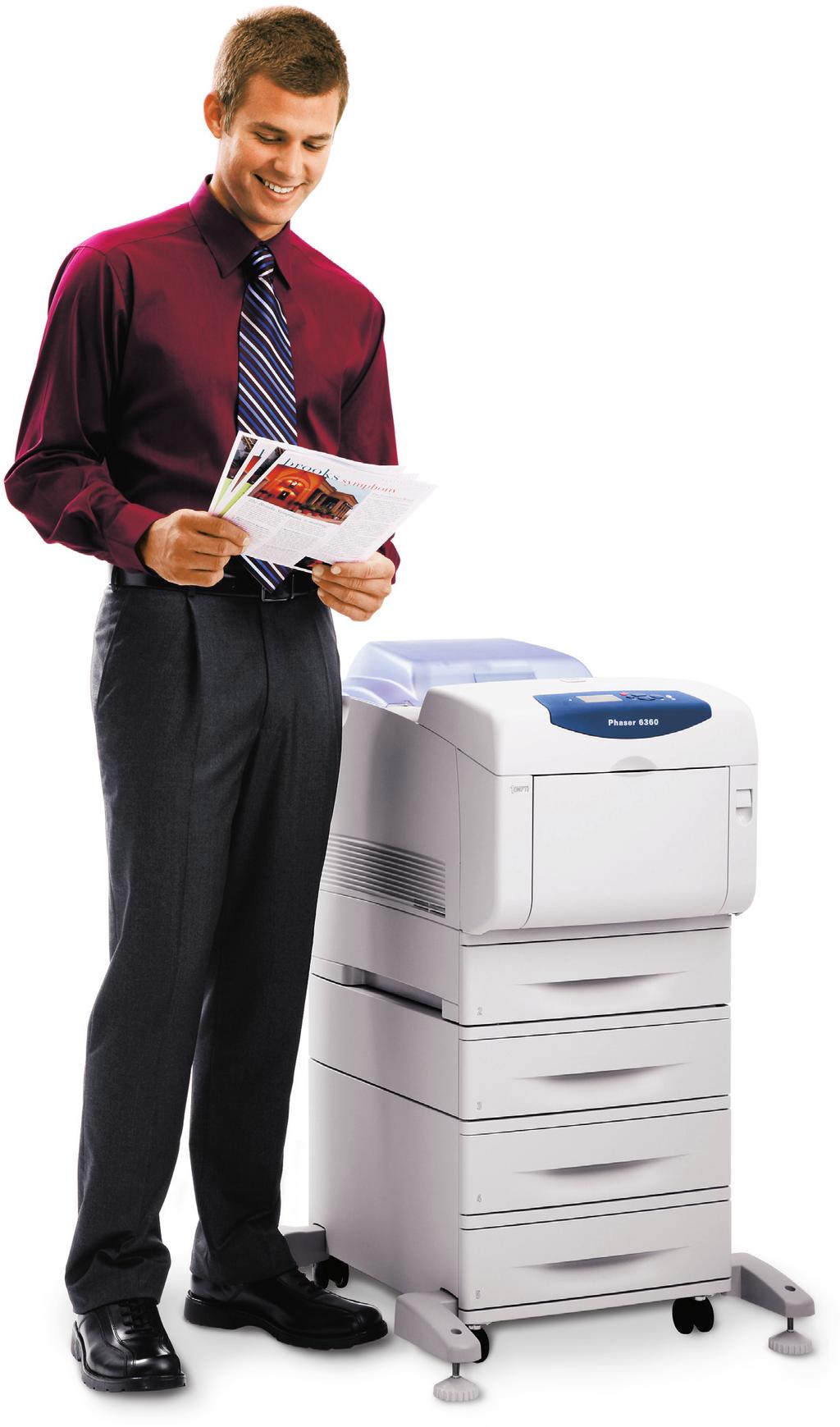 A maximum paper input of 2,350 pages and highcapacity toner cartridges keep the Phaser 6360 poised to handle a steady stream of print jobs.