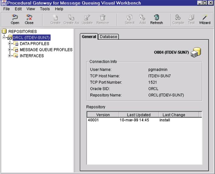 Creating a Data Profile Figure 6 2 PG4MQ Visual Workbench Repository Window Creating a Data Profile The example shows the expanded PG4MQ Visual Workbench repository directory tree and the General