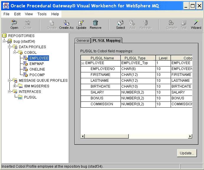 Updating a Data Profile Figure 6 6 PL/SQL Mapping for EMPLOYEE Data Profile Updating a Data Profile The following example describes how to update a COBOL data profile: 1.